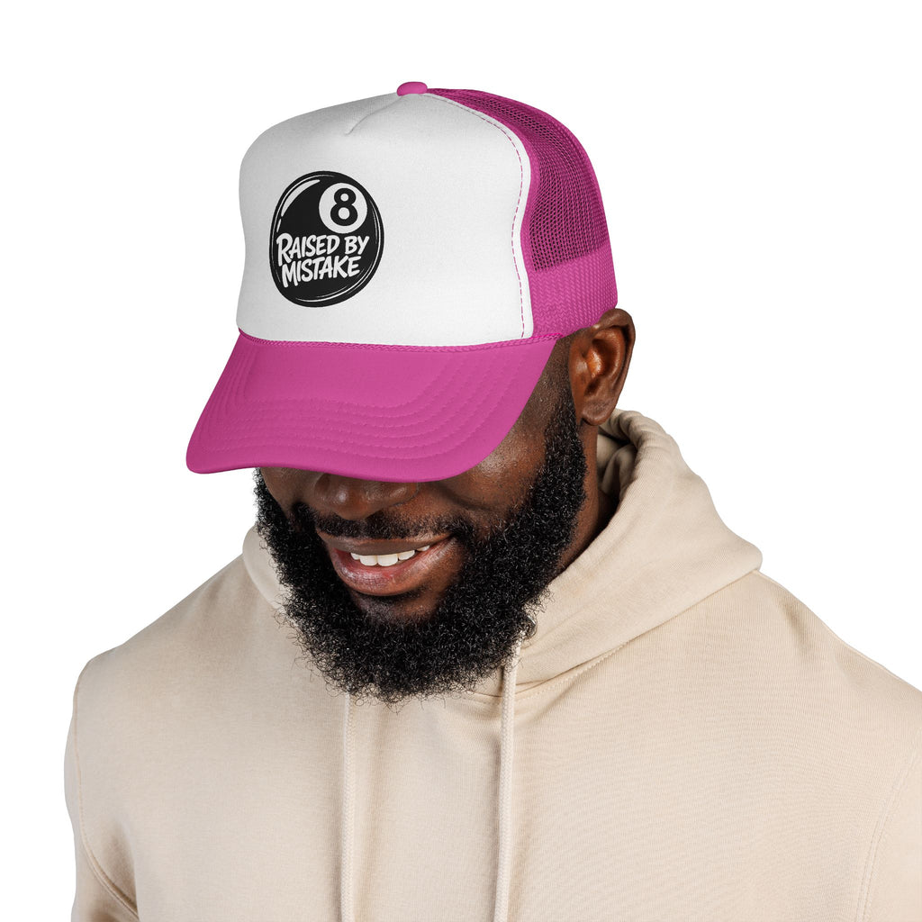 Trucker Cap — "Raised by Mistake" 8-Ball Retro Mesh Hat