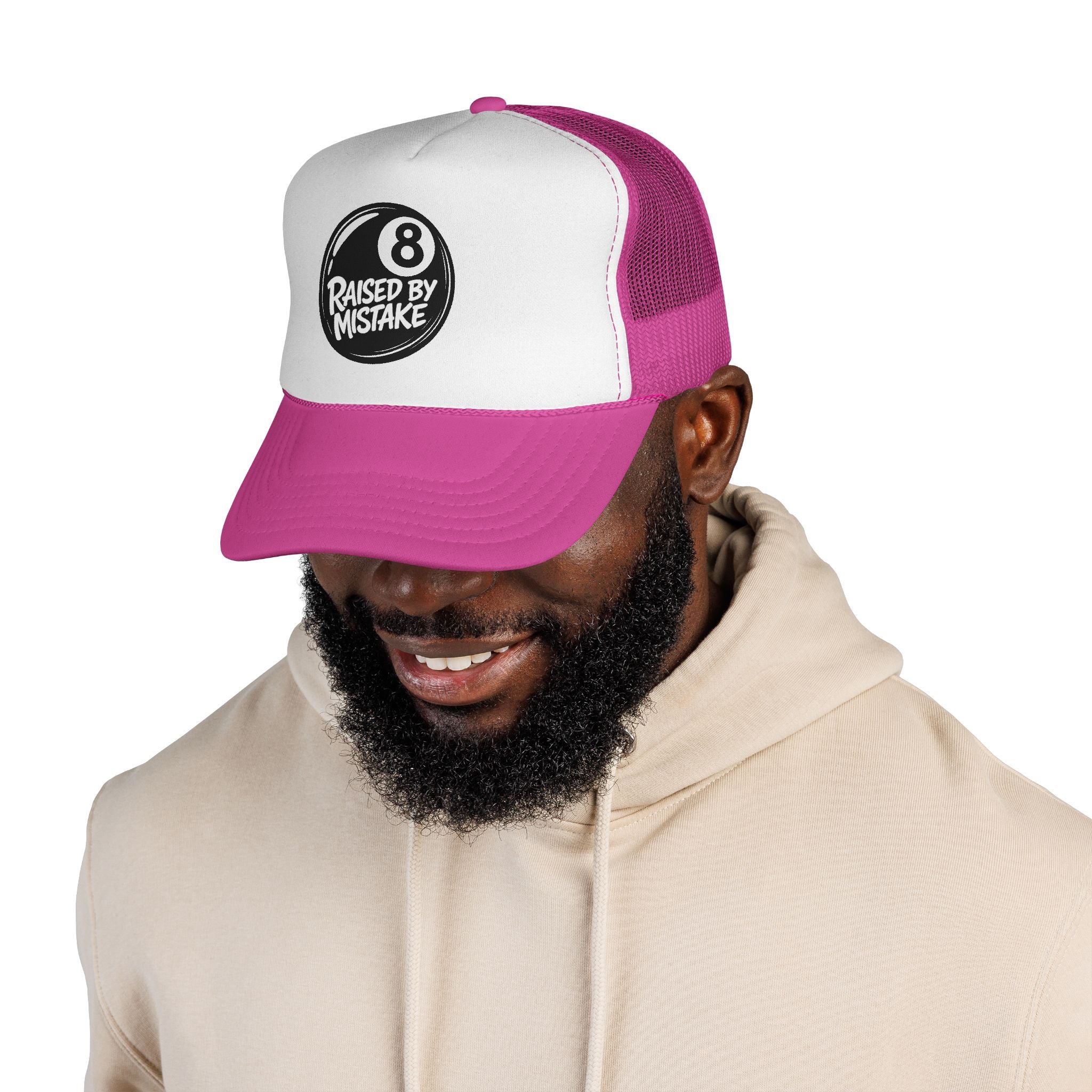 Trucker Cap — "Raised by Mistake" 8-Ball Retro Mesh Hat