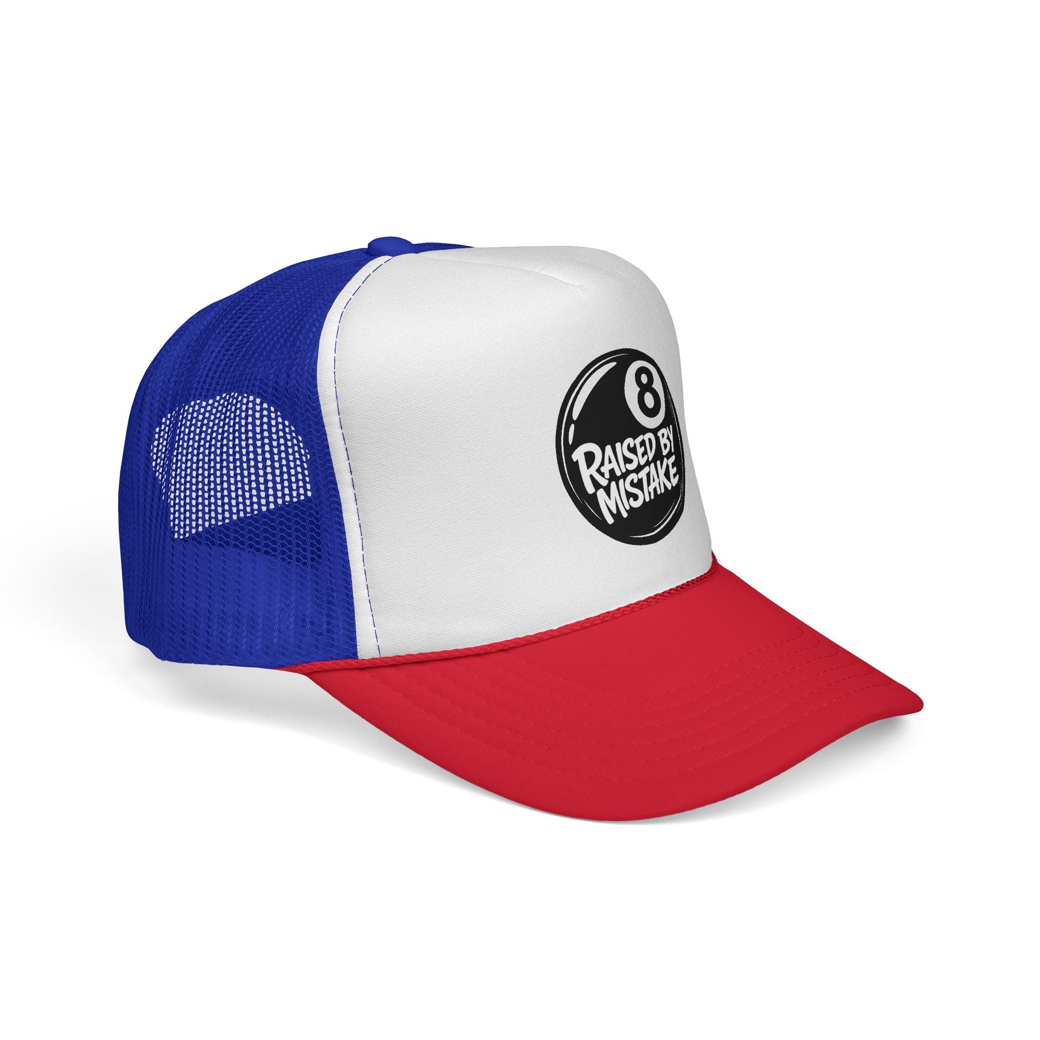 Trucker Cap — "Raised by Mistake" 8-Ball Retro Mesh Hat