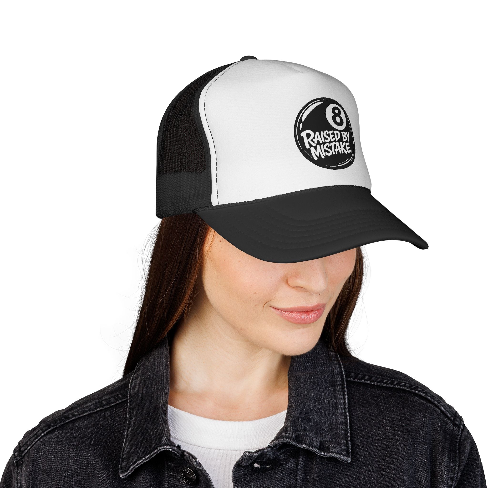 Trucker Cap — "Raised by Mistake" 8-Ball Retro Mesh Hat