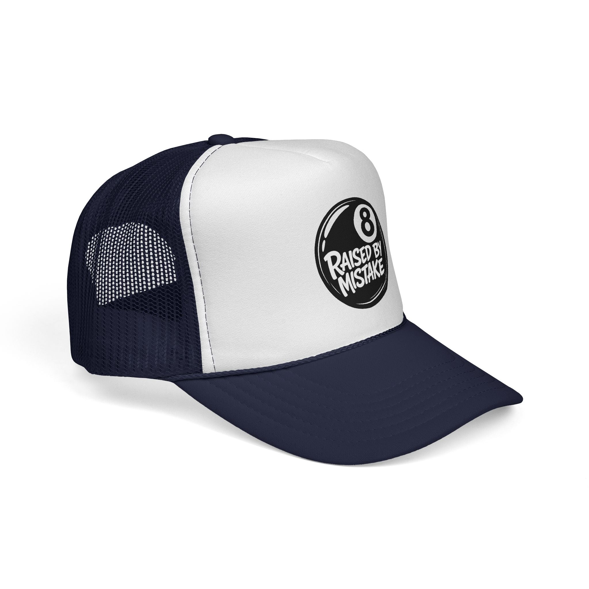 Trucker Cap — "Raised by Mistake" 8-Ball Retro Mesh Hat