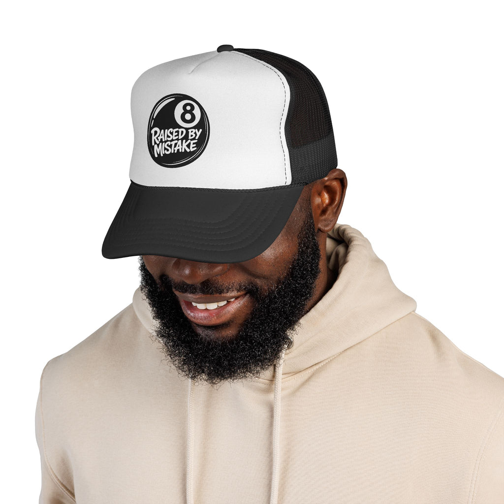Trucker Cap — "Raised by Mistake" 8-Ball Retro Mesh Hat