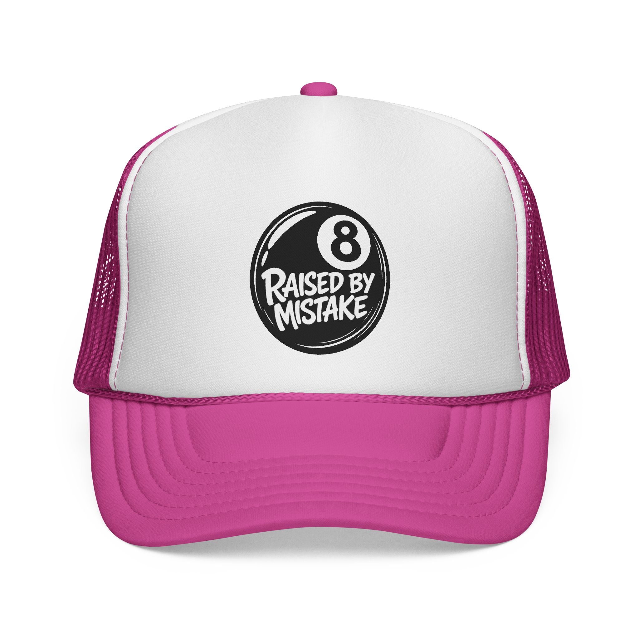 Trucker Cap — "Raised by Mistake" 8-Ball Retro Mesh Hat