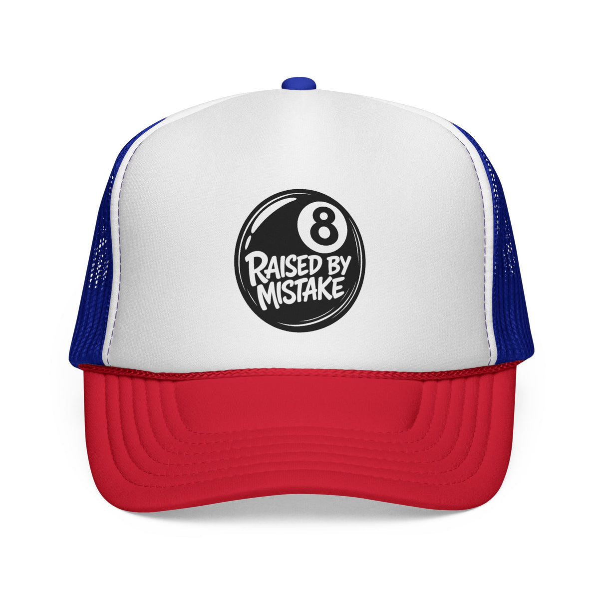 Trucker Cap — "Raised by Mistake" 8-Ball Retro Mesh Hat