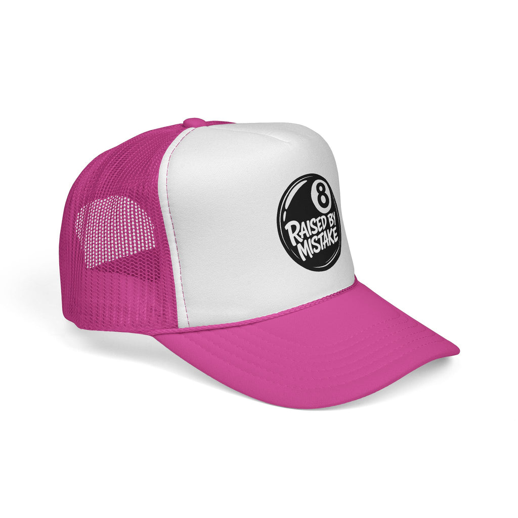 Trucker Cap — "Raised by Mistake" 8-Ball Retro Mesh Hat