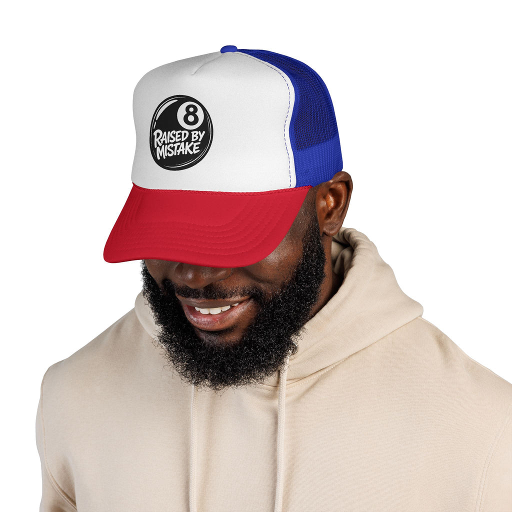 Trucker Cap — "Raised by Mistake" 8-Ball Retro Mesh Hat