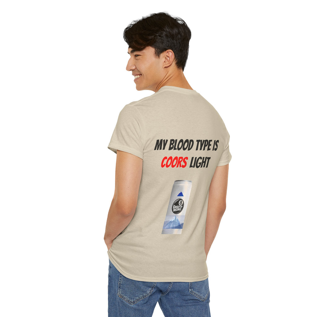 Graphic Tee — “My Blood Type Is Coors Light” Beer Can Back Print