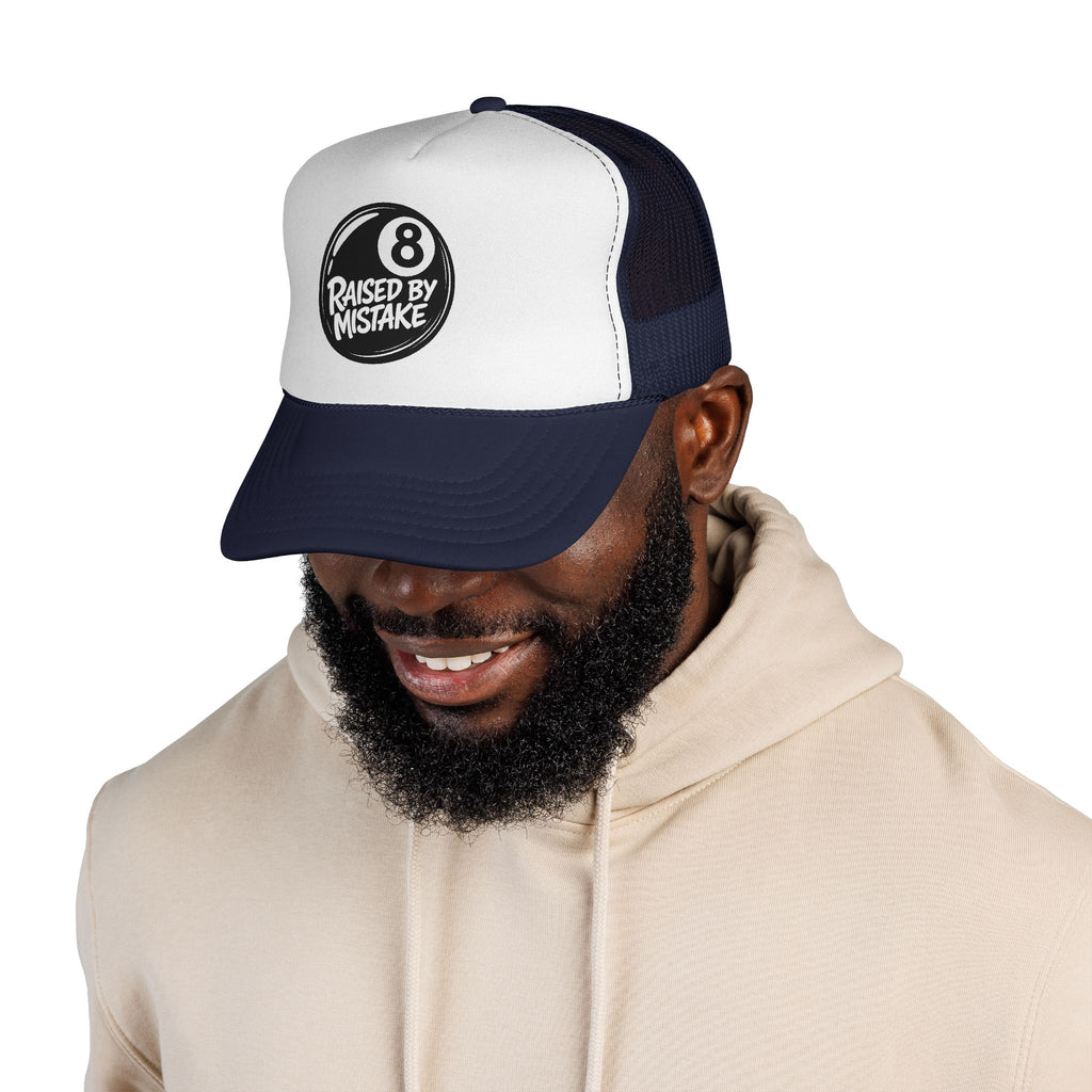 Trucker Cap — "Raised by Mistake" 8-Ball Retro Mesh Hat