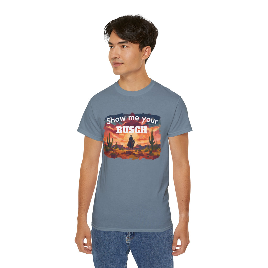 Show Me Your Busch Sunset Tee — 'Raised By Mistake' Graphic T-Shirt