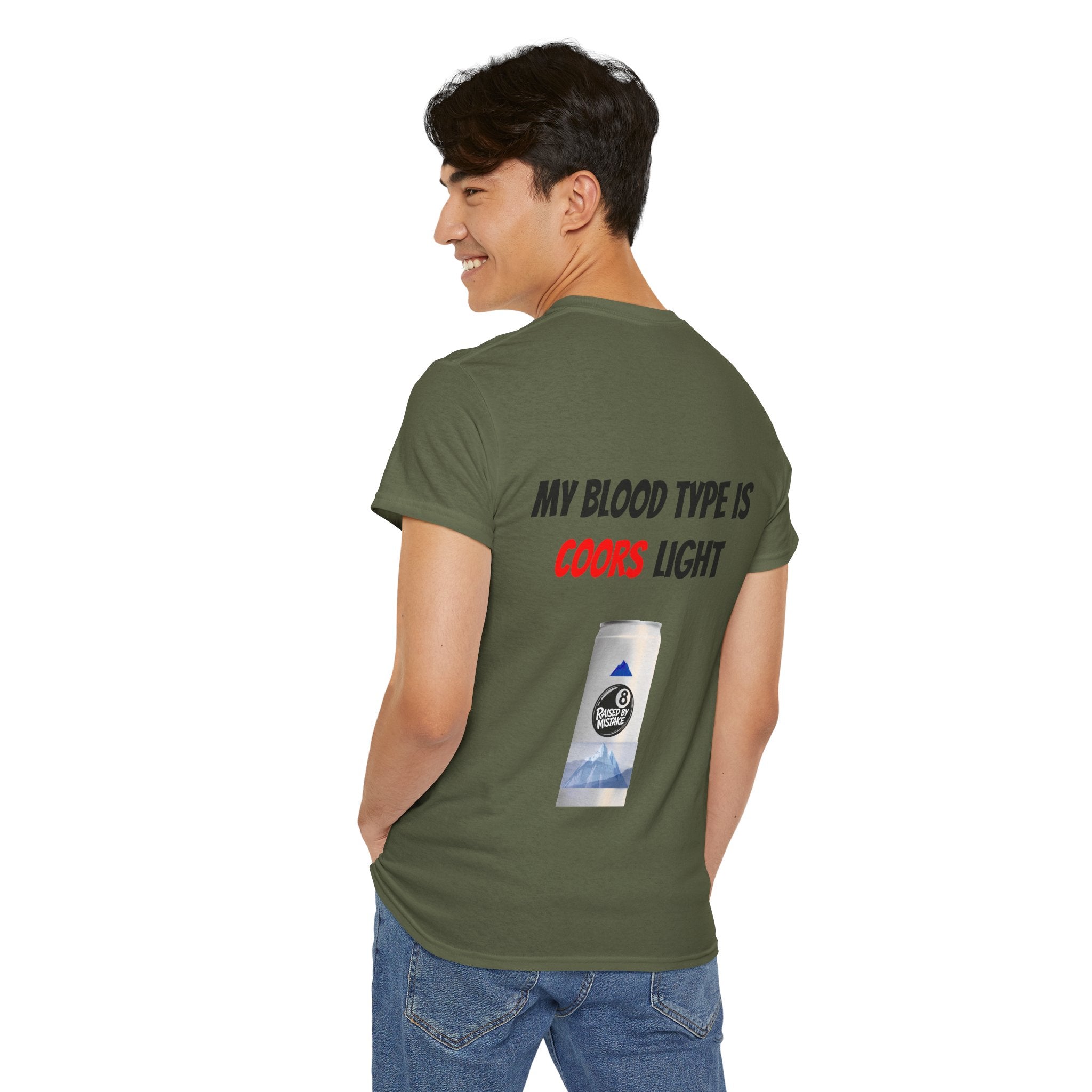 Graphic Tee — “My Blood Type Is Coors Light” Beer Can Back Print
