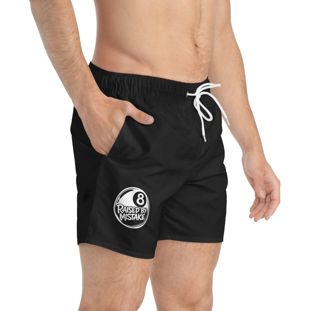 Swim Trunks — "Raised By Mistake" 8-Ball Black Men's Swim Shorts