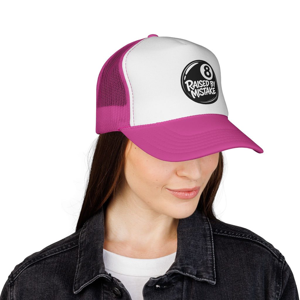 Trucker Cap — "Raised by Mistake" 8-Ball Retro Mesh Hat