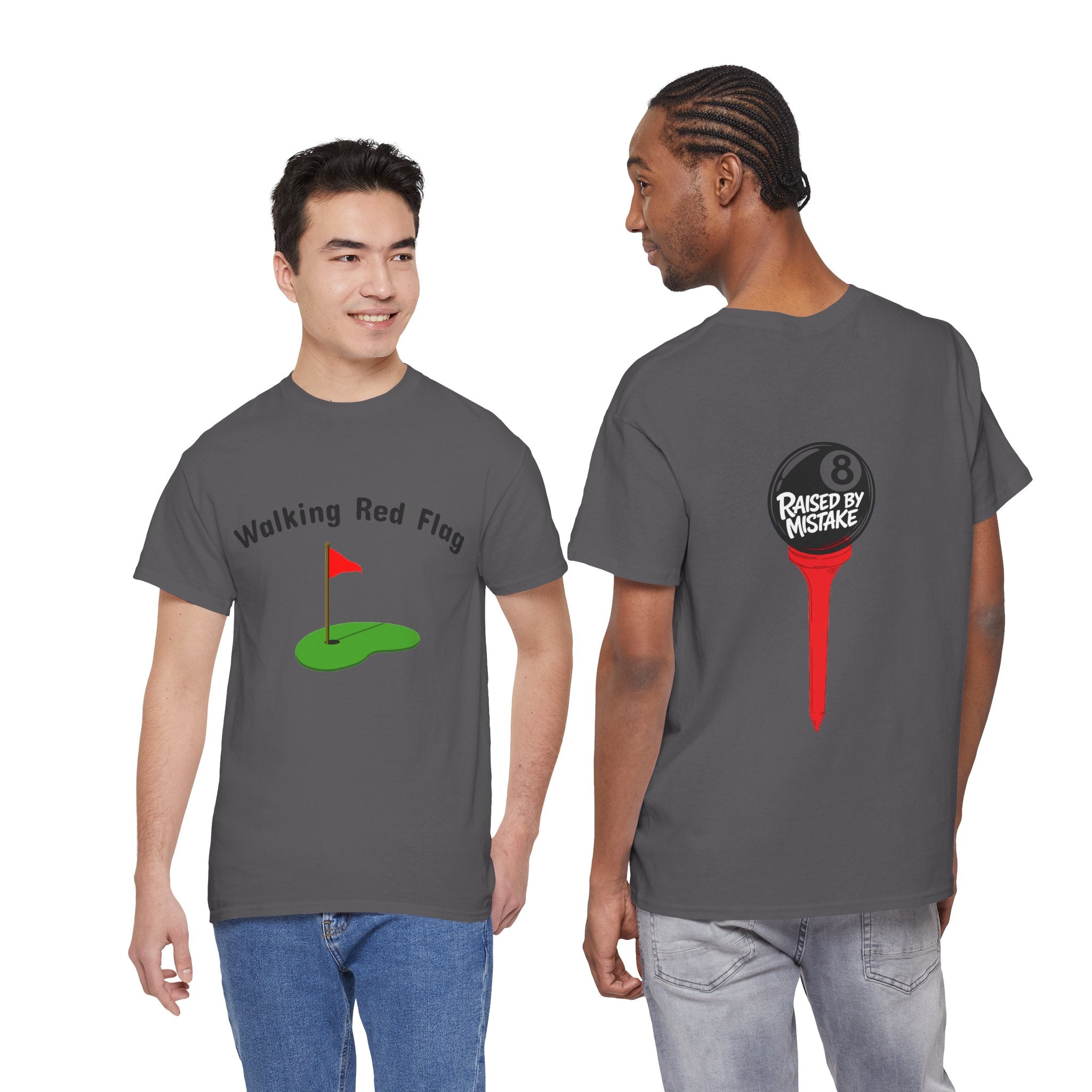 Walking Red Flag Golf Tee — "Raised By Mistake" 8-Ball Graphic Shirt