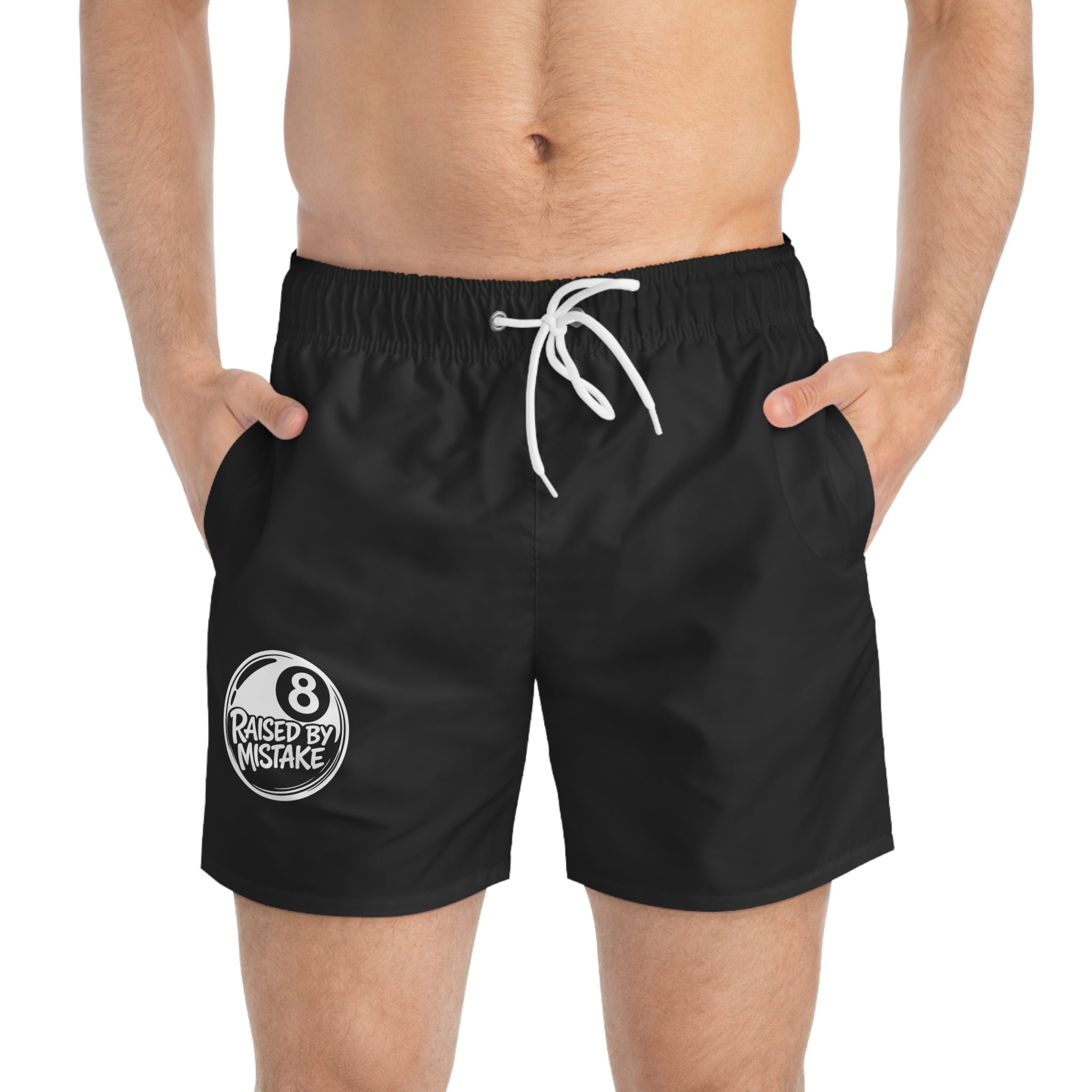 Swim Trunks — "Raised By Mistake" 8-Ball Black Men's Swim Shorts