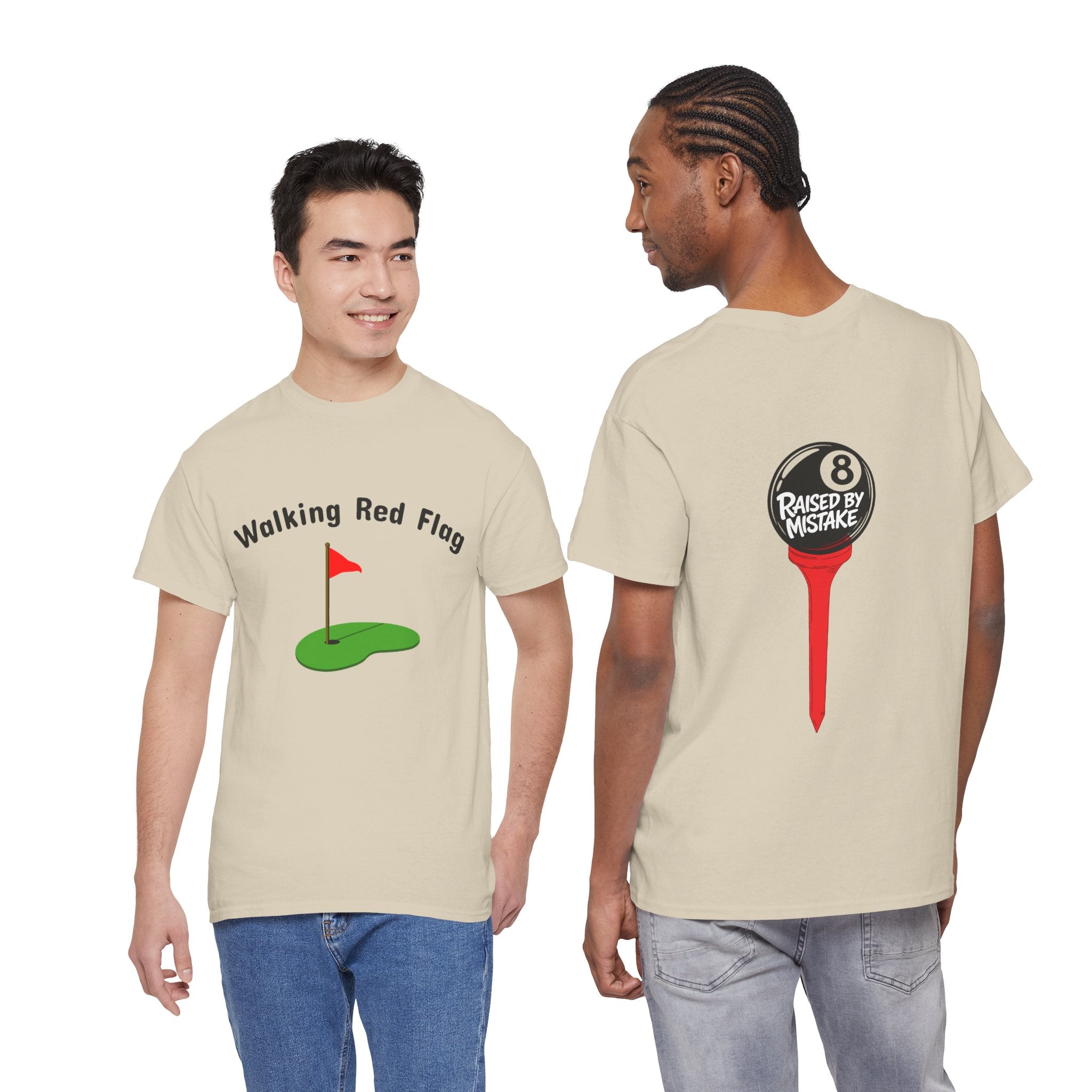 Walking Red Flag Golf Tee — "Raised By Mistake" 8-Ball Graphic Shirt