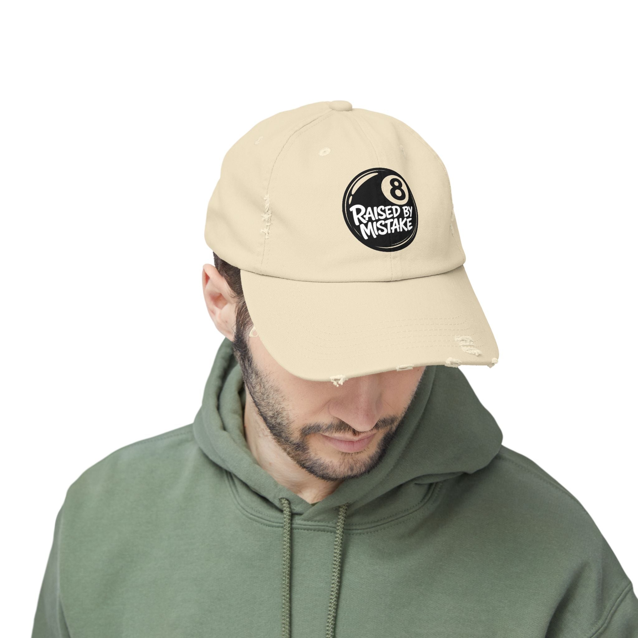 8 Ball "Raised By Mistake" Distressed Baseball Cap