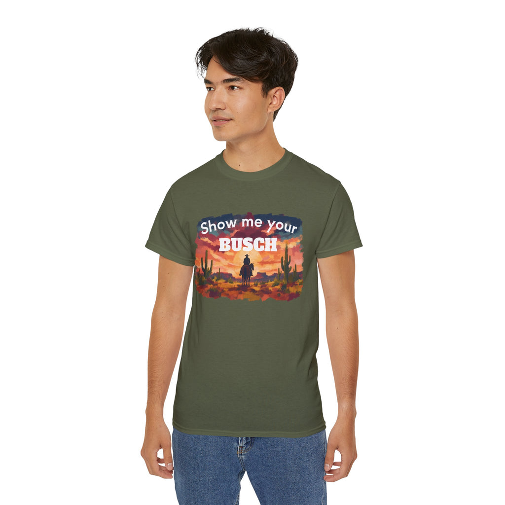 Show Me Your Busch Sunset Tee — 'Raised By Mistake' Graphic T-Shirt