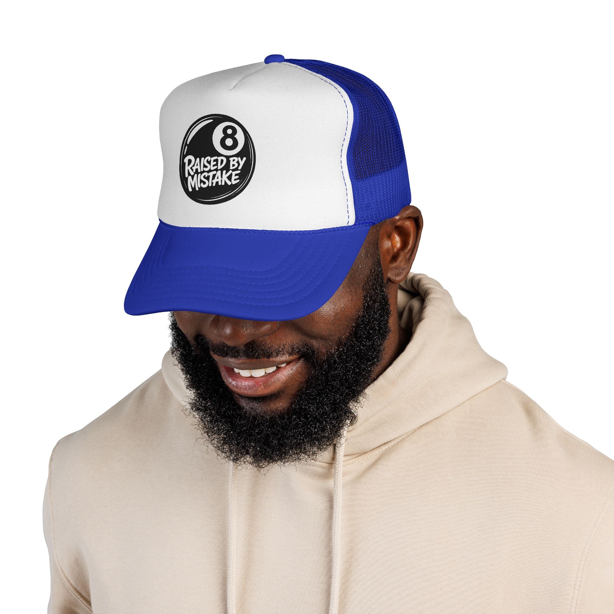 Trucker Cap — "Raised by Mistake" 8-Ball Retro Mesh Hat