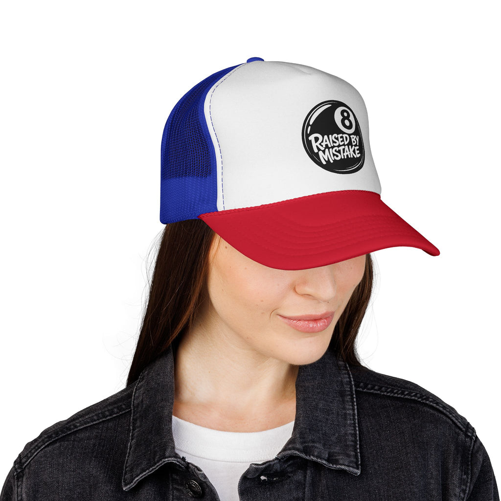 Trucker Cap — "Raised by Mistake" 8-Ball Retro Mesh Hat