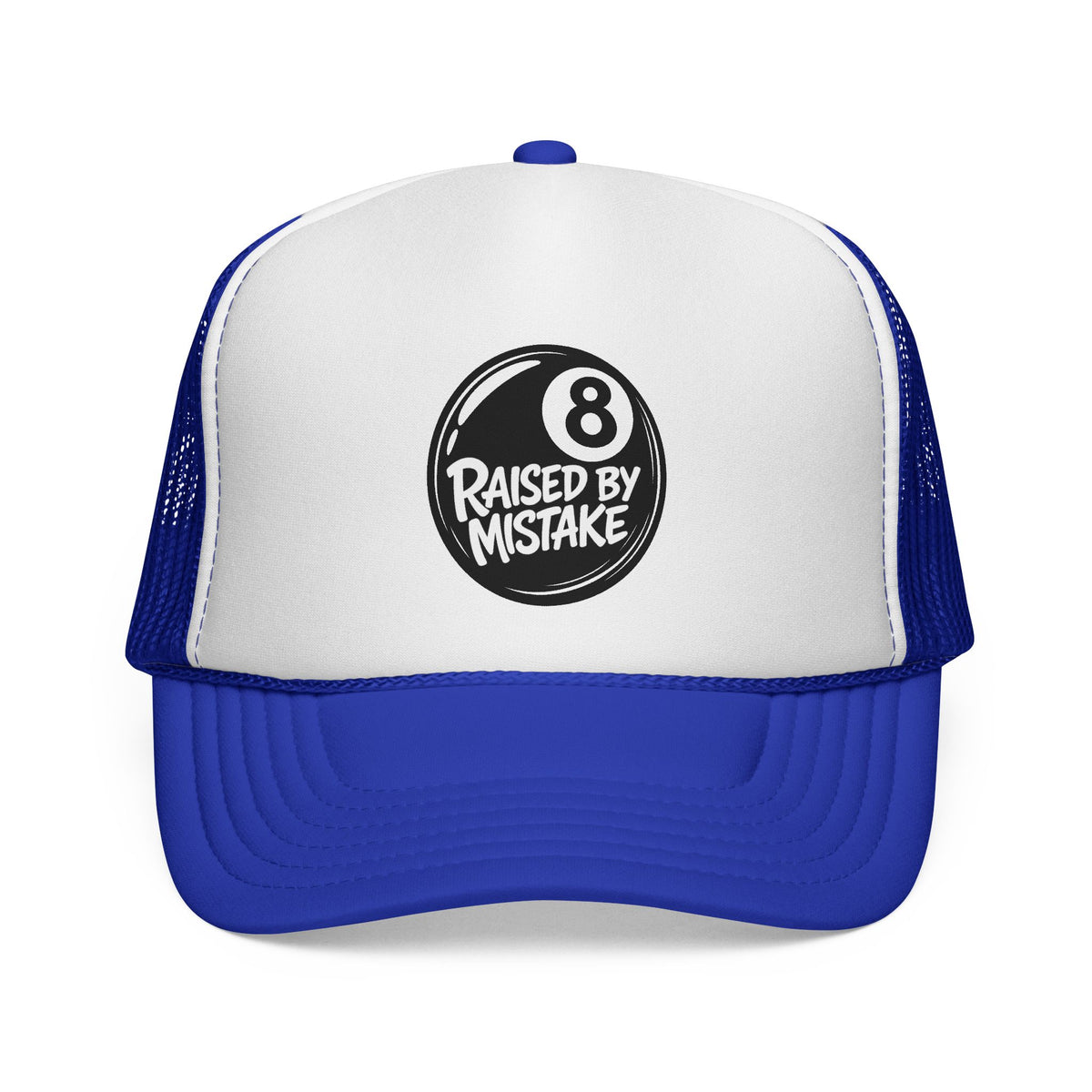 Trucker Cap — "Raised by Mistake" 8-Ball Retro Mesh Hat