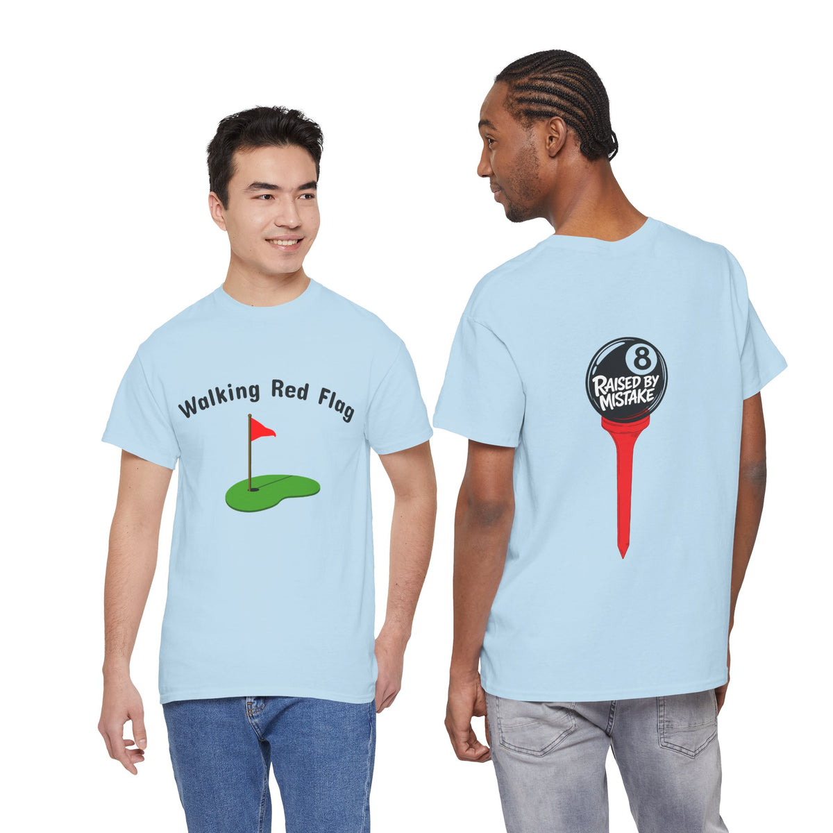 Walking Red Flag Golf Tee — "Raised By Mistake" 8-Ball Graphic Shirt