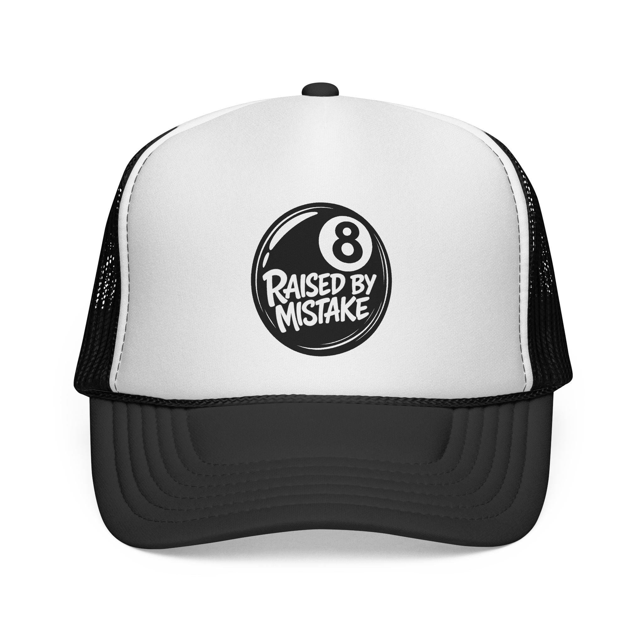 Trucker Cap — "Raised by Mistake" 8-Ball Retro Mesh Hat