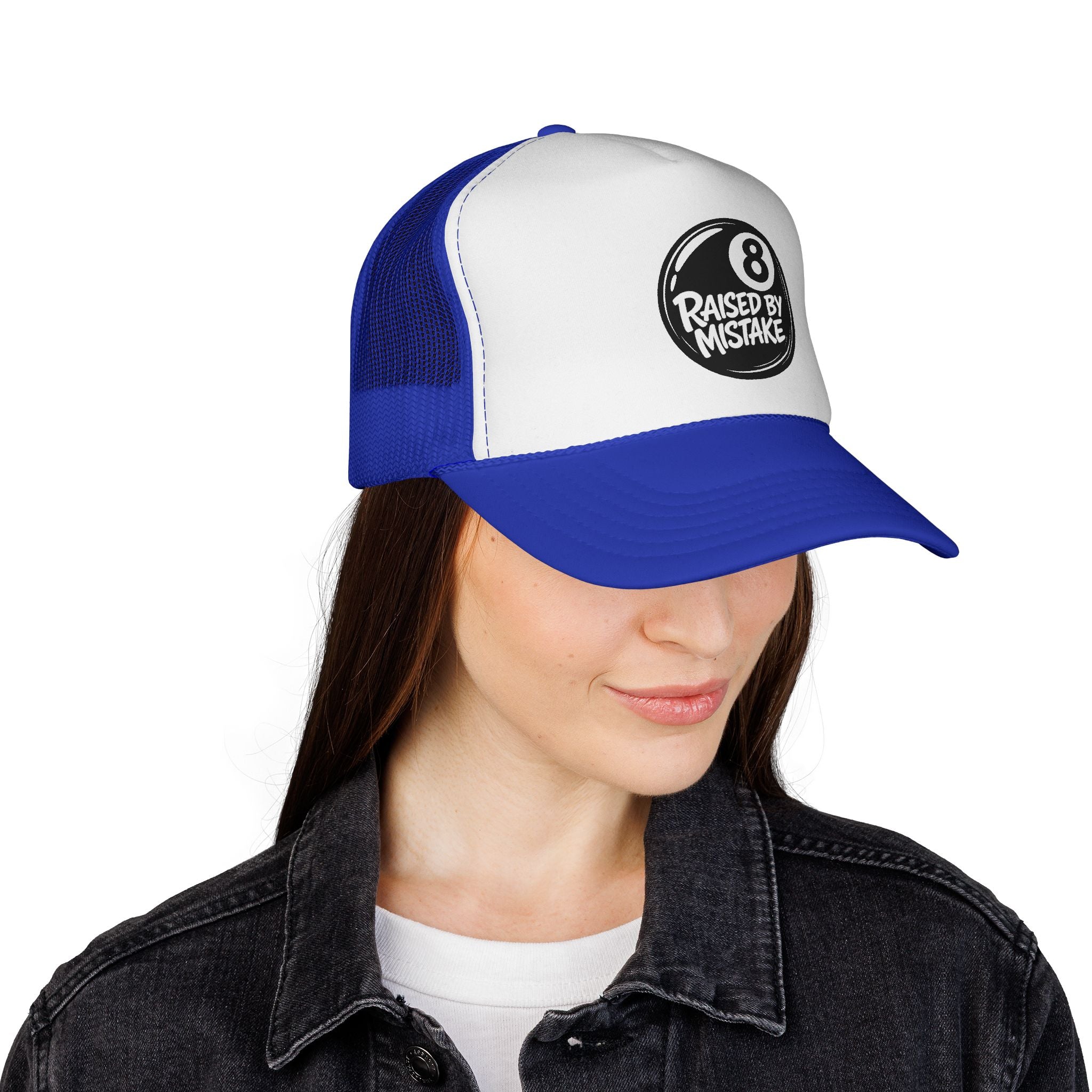 Trucker Cap — "Raised by Mistake" 8-Ball Retro Mesh Hat