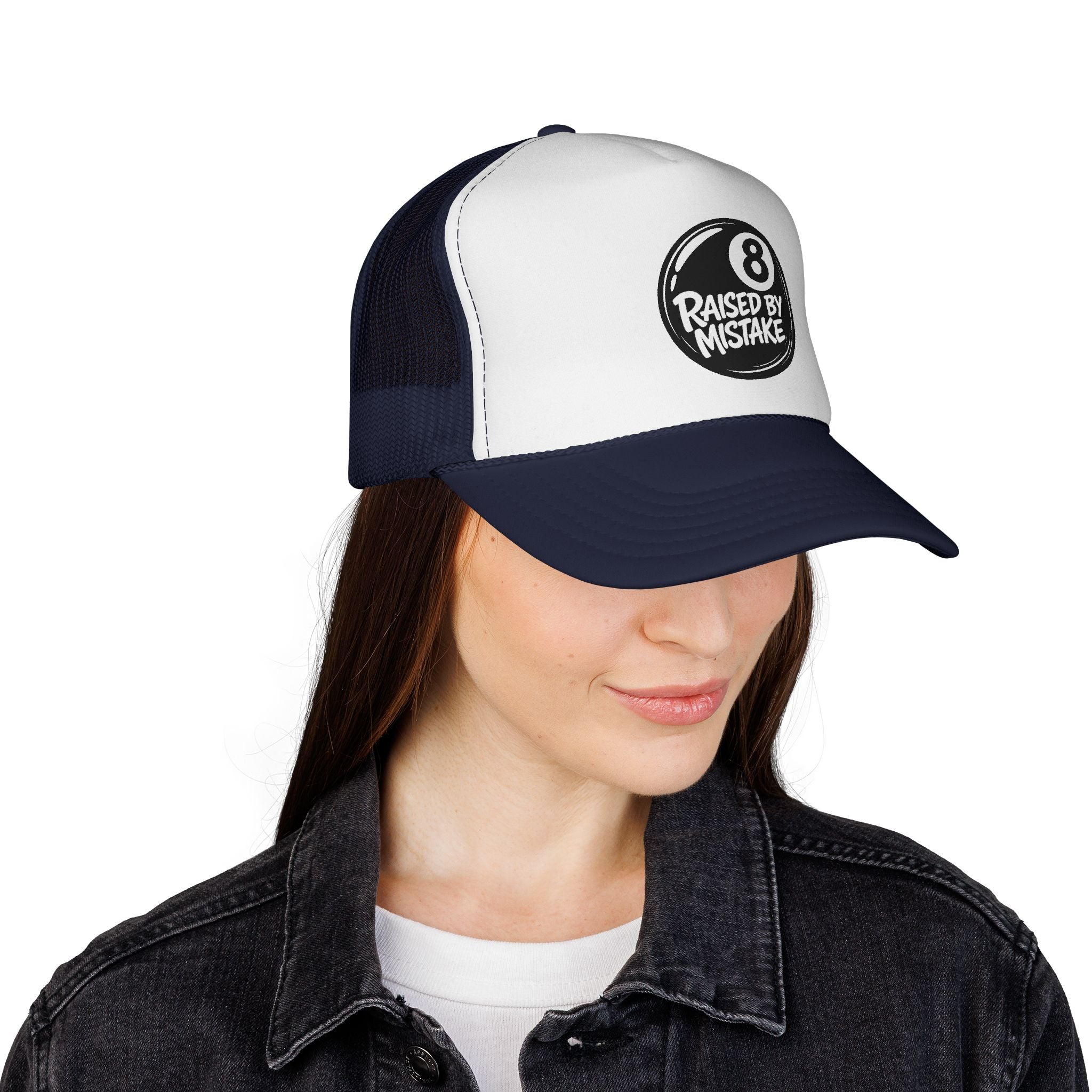 Trucker Cap — "Raised by Mistake" 8-Ball Retro Mesh Hat