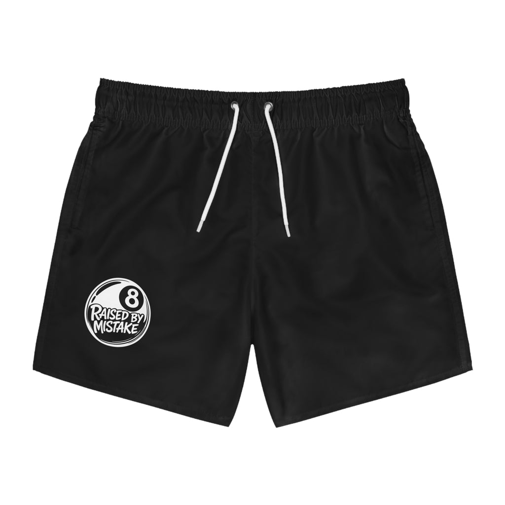 Swim Trunks — "Raised By Mistake" 8-Ball Black Men's Swim Shorts