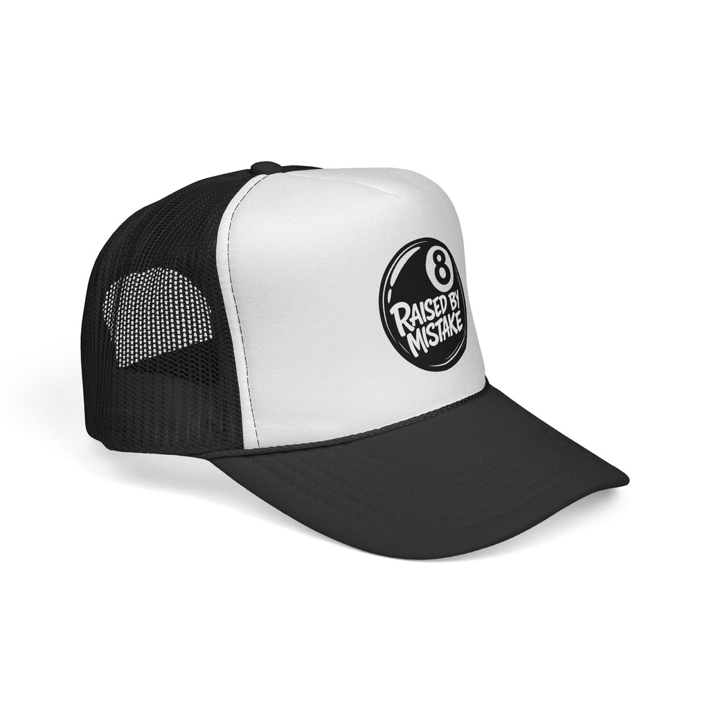 Trucker Cap — "Raised by Mistake" 8-Ball Retro Mesh Hat