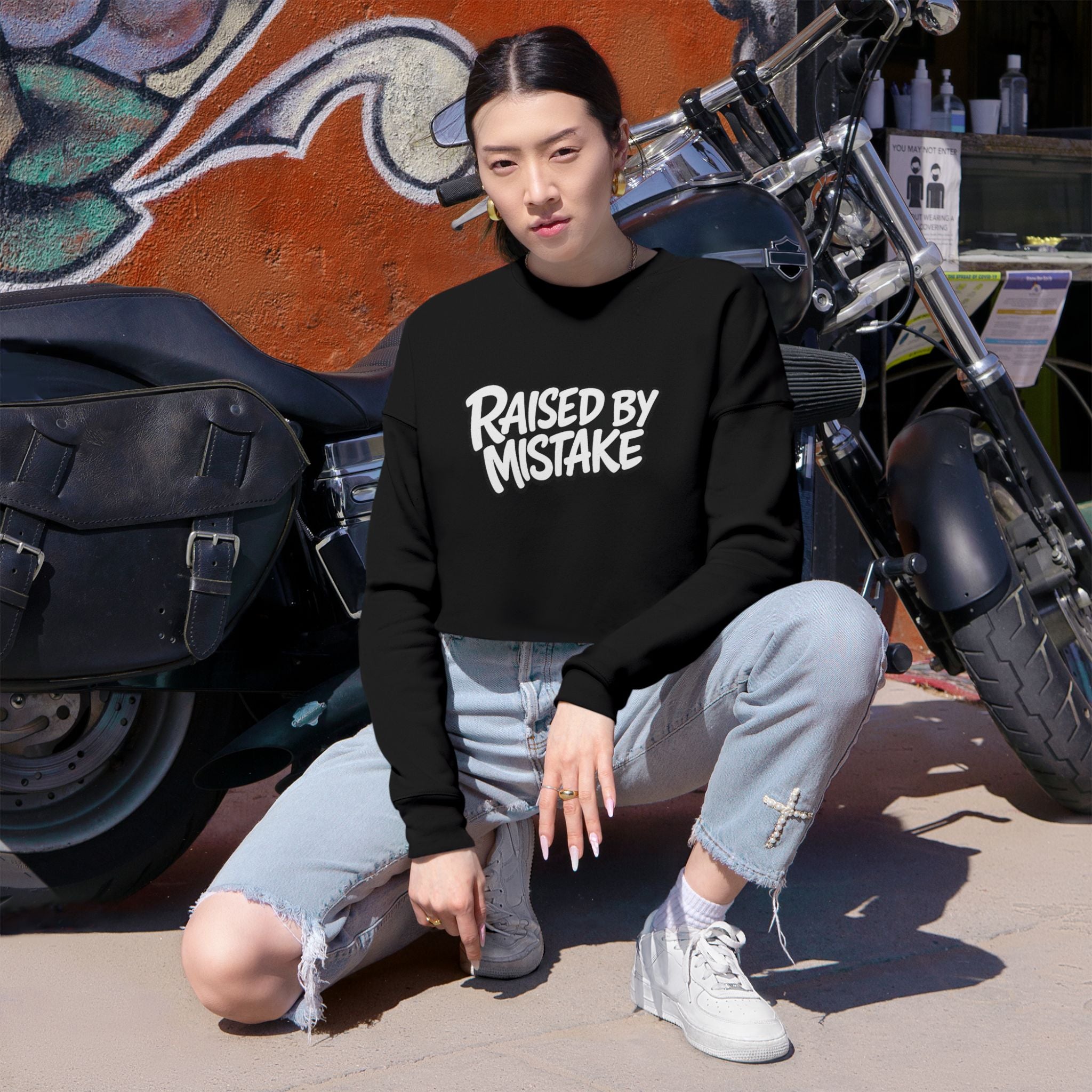 Cropped Sweatshirt — 'Raised by Mistake' Cherry Graphic
